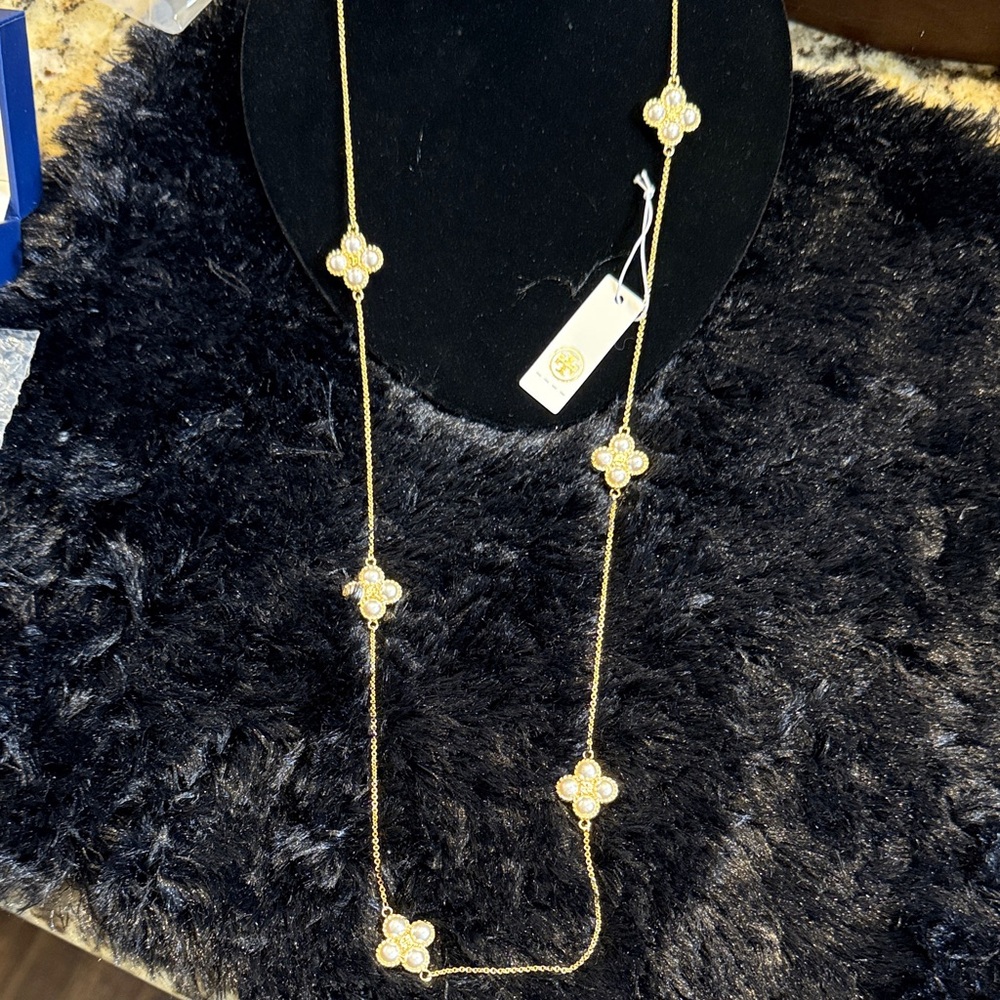 Tory Burch Kira Gold and Cream Pearl Clover Necklace